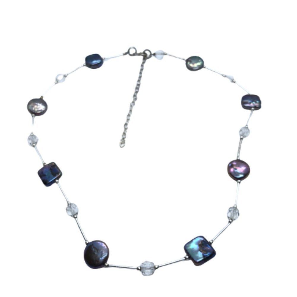 Stunning Sterling Silver, Crystal & Circle/ Square Button Pearl Vintage Necklace